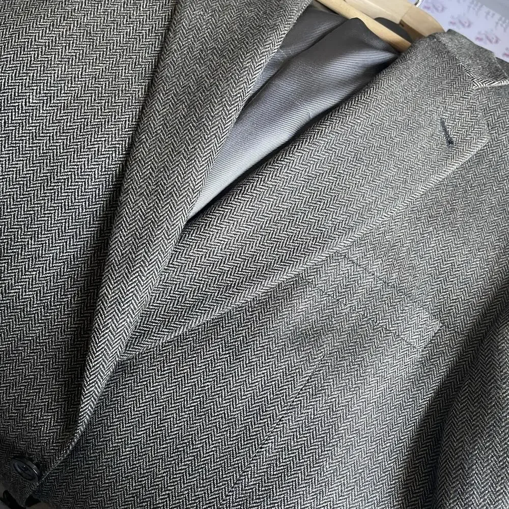 Burberry London Blazer Mens 46 Long Grey Herringbone 100% Wool Kensington Jacket